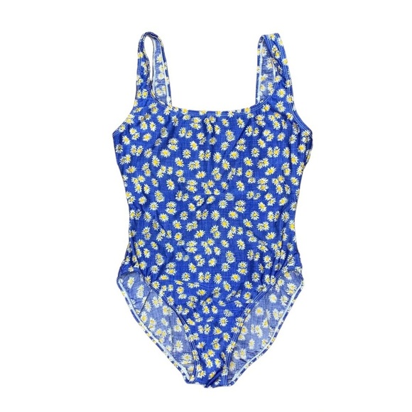 Vintage Basic Editions One-Piece Swimsuit Size Medium Floral Daisies Blue Pin-Up - Picture 1 of 8